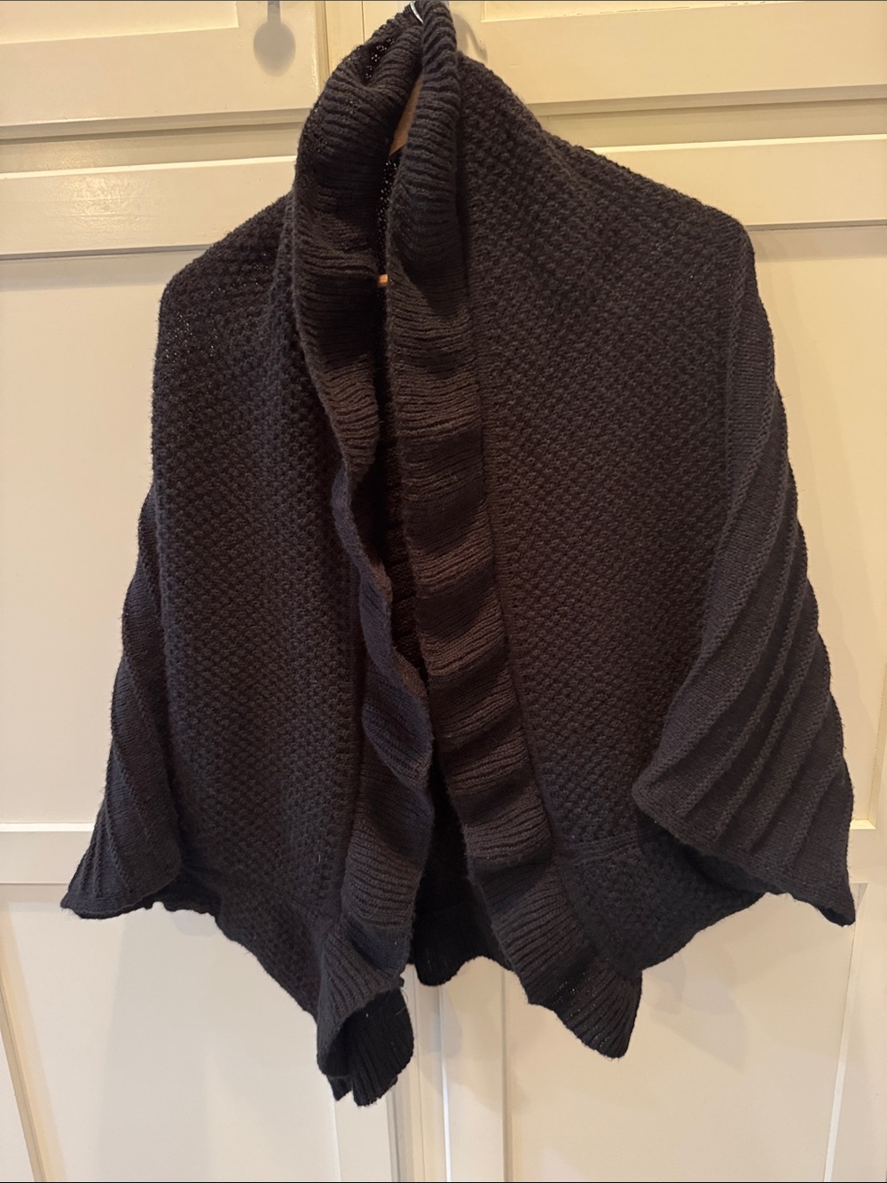 Classic Black Knit Poncho with Ribbed Trim